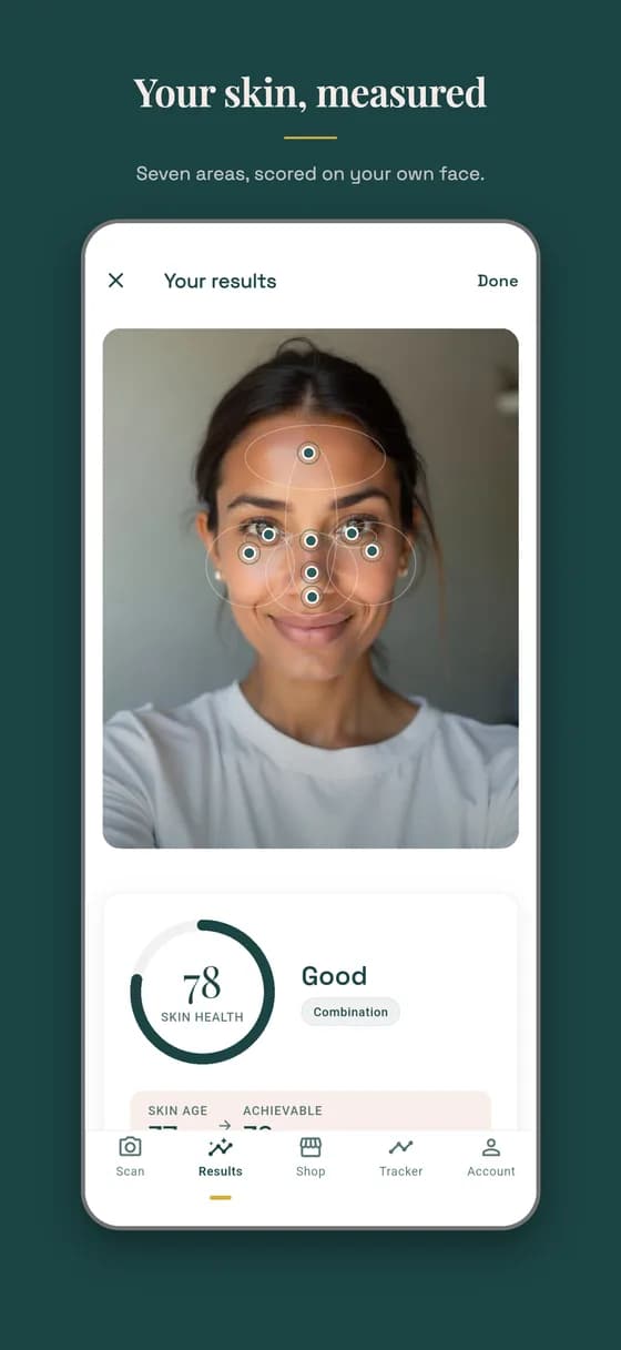 The Ayonne app showing a skin analysis: areas marked on the face and a skin health score